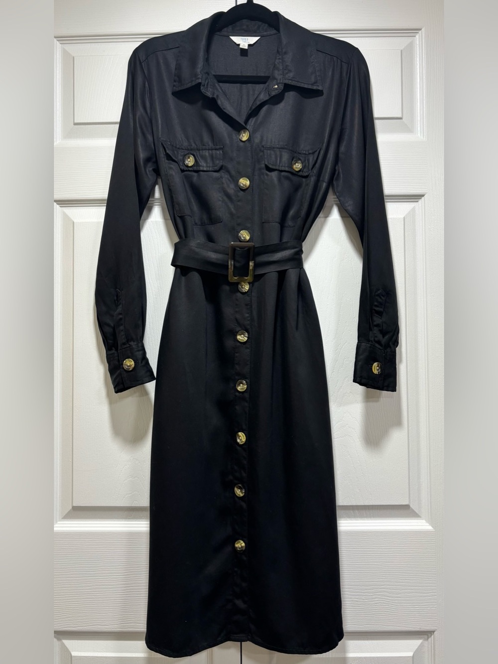 Black Belted Button Front Shirt Dress Size Small 4-6 Midi